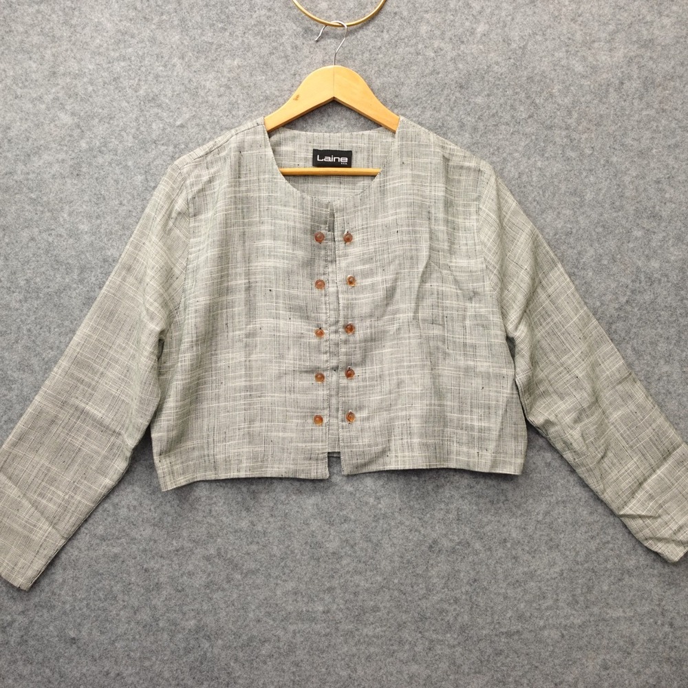Vintage Double Breasted Crop Jacket Womens L Gray Basket Weave LAINE Made in USA